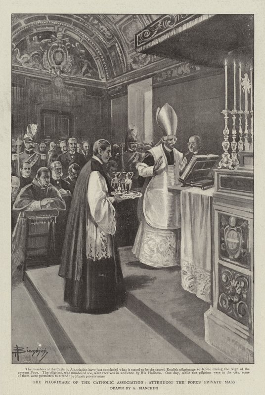 De bedevaart van de Katholieke Vereniging, bijwonen van de privé-mis van de paus door (after) Italian School