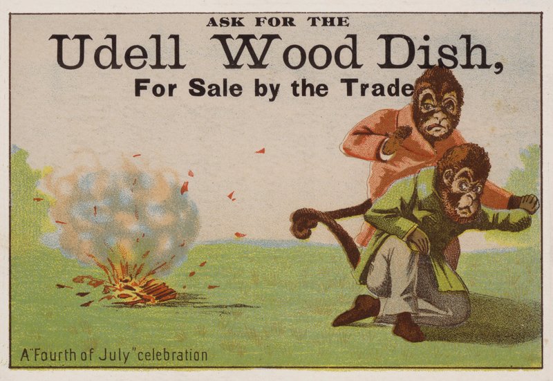 Vierde juli viering, handelskaart reclame voor Udell houten schalen door American School