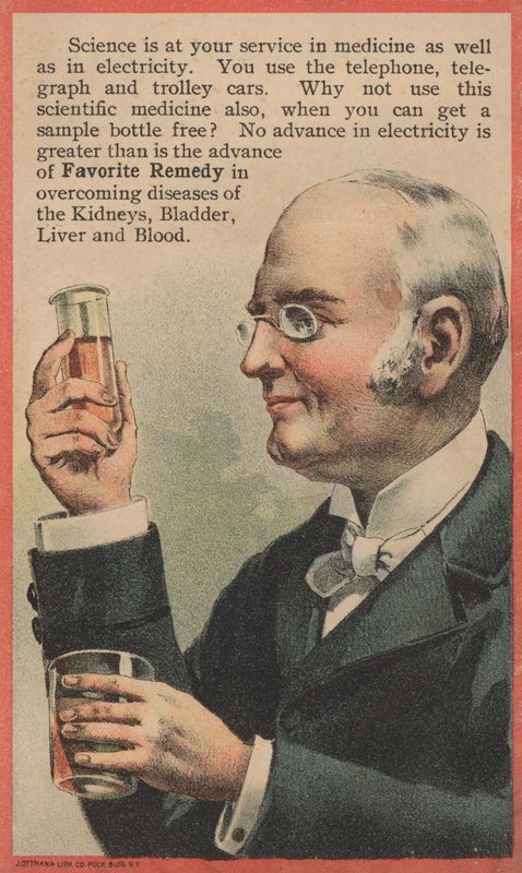 Advertentie voor Favorite Remedy, behandeling voor ziekten van de nieren, blaas, lever en bloed door American School