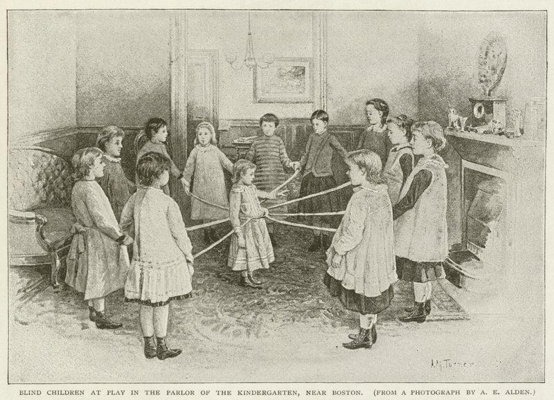 Blinde kinderen spelen in de woonkamer van de kleuterschool, nabij Boston door American School