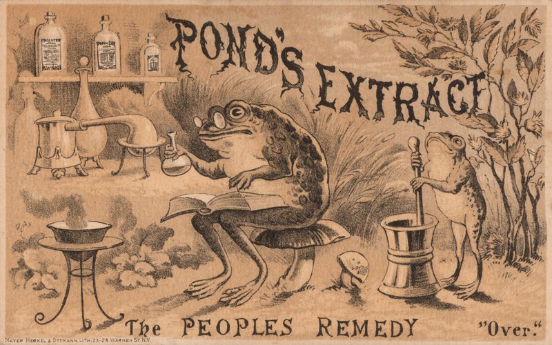 Kikkers die medicijnen bereiden, advertentie voor Ponds Extract door American School