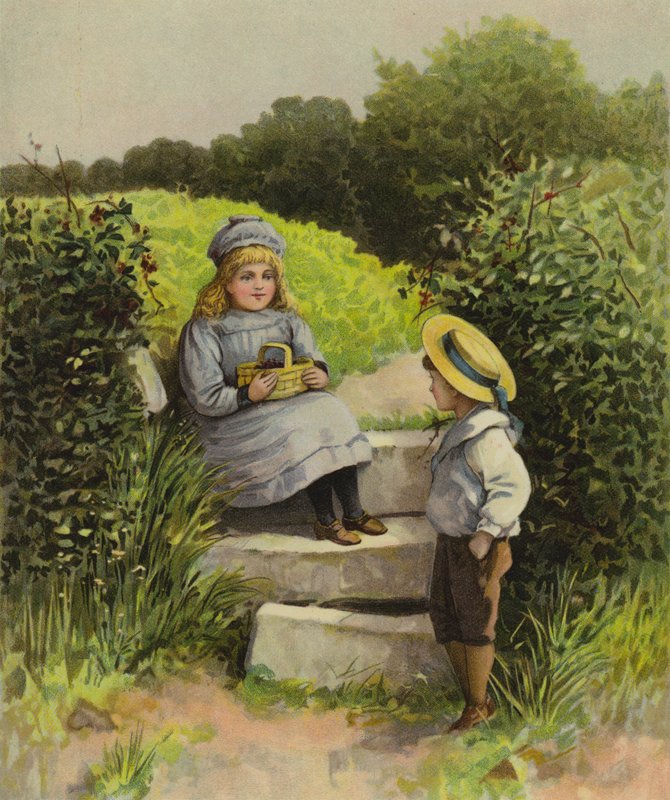 Kinderen op het platteland met een mand fruit door English School