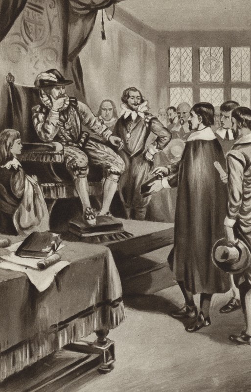 Koning James VI dreigt de puriteinen dat hij hen zal dwingen zich aan te passen aan de kerk of hen uit het land zal verdrijven door English School