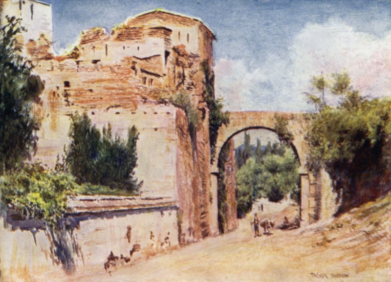 Het Alhambra, Toren en Aquaduct (kleur litho) door A. Trevor Haddon