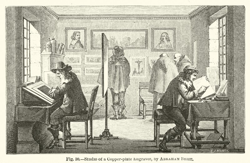 Atelier van een koperplaatgraveur door Abraham (after) Bosse