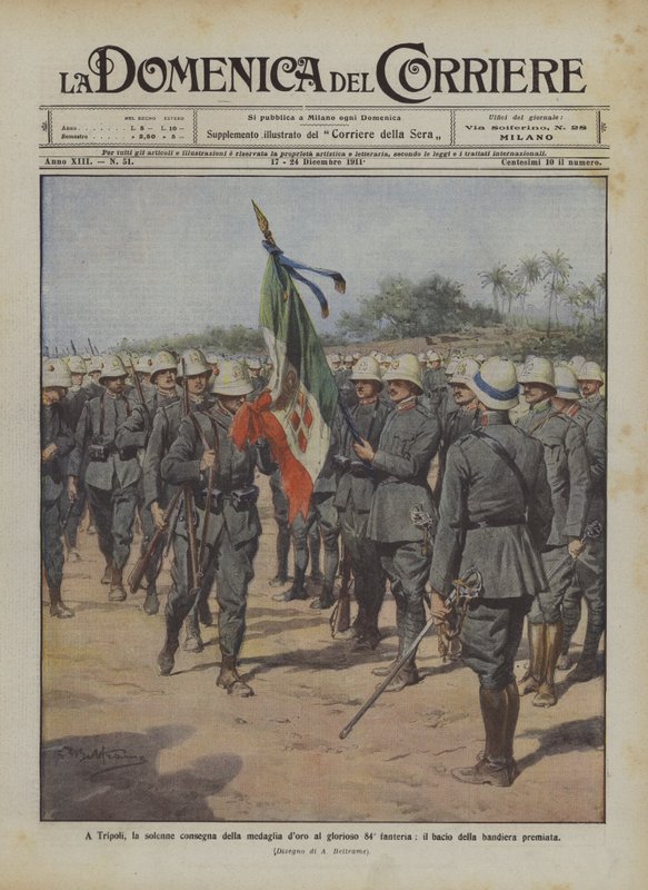 In Tripoli, de plechtige overhandiging van de gouden medaille aan de glorieuze 84e infanterie, de kus van de bekroonde vlag door Achille Beltrame