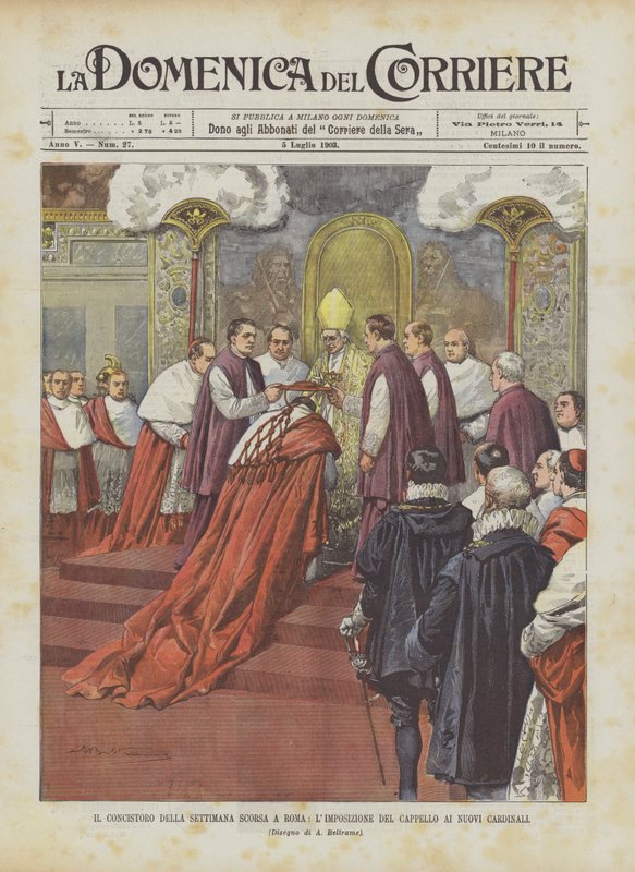 Het consistorie van vorige week in Rome, de oplegging van de hoed aan de nieuwe kardinalen door Achille Beltrame