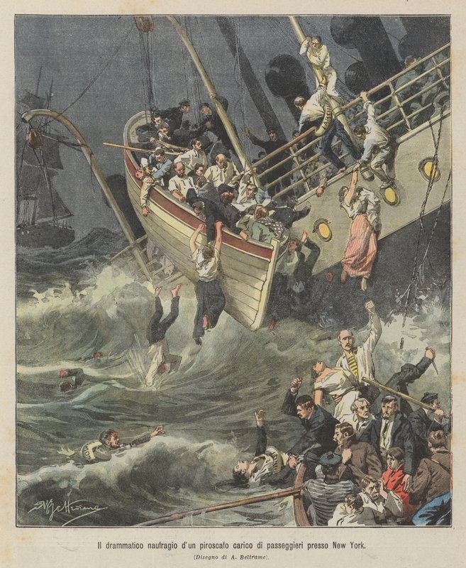 Het dramatische schipbreuk van een passagiersstoomboot nabij New York door Achille Beltrame
