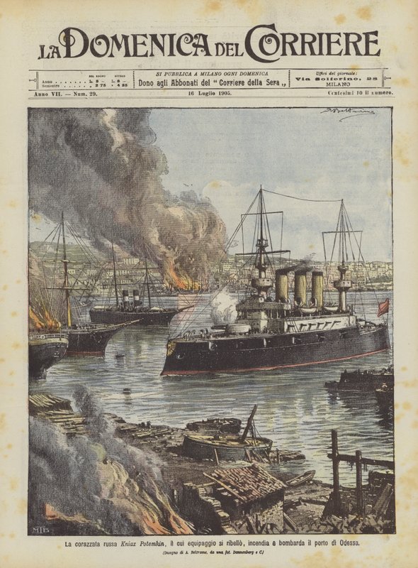 Het Russische slagschip Kniaz Potemkin, waarvan de bemanning in opstand kwam, steekt de haven van Odessa in brand en bombardeert deze door Achille Beltrame