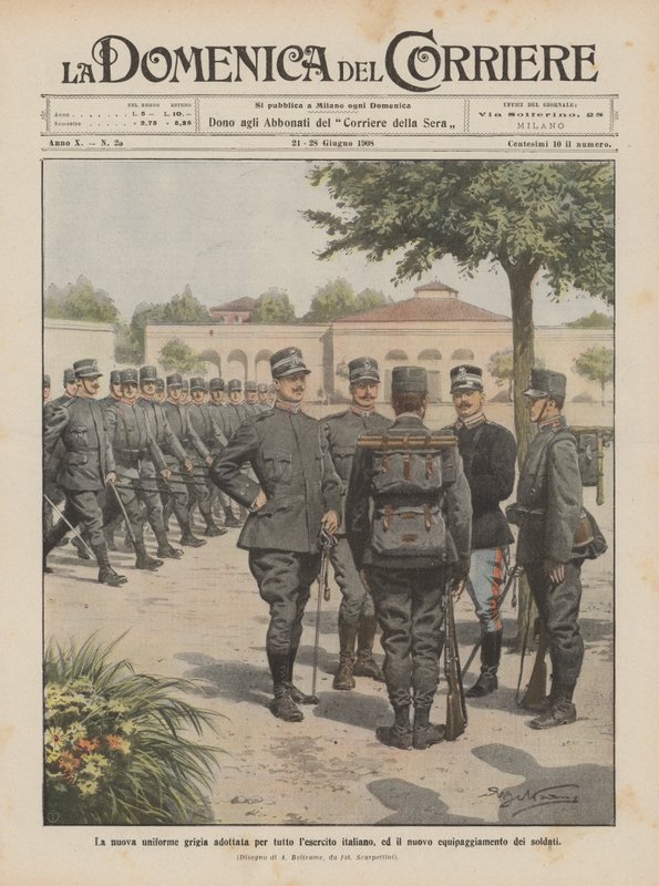 Het nieuwe grijze uniform aangenomen voor het hele Italiaanse leger, en de nieuwe uitrusting van de soldaten door Achille Beltrame