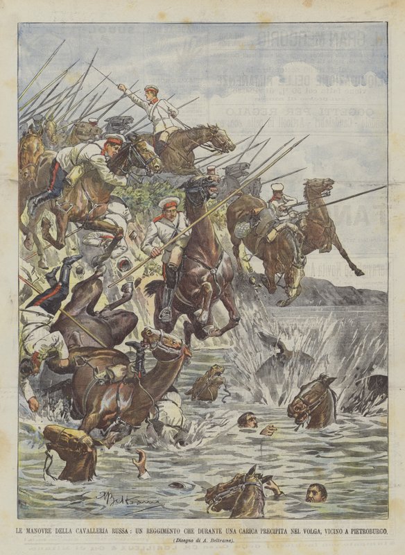 De manoeuvres van de Russische cavalerie, een regiment dat tijdens een charge in de Volga stort, nabij Sint-Petersburg door Achille Beltrame