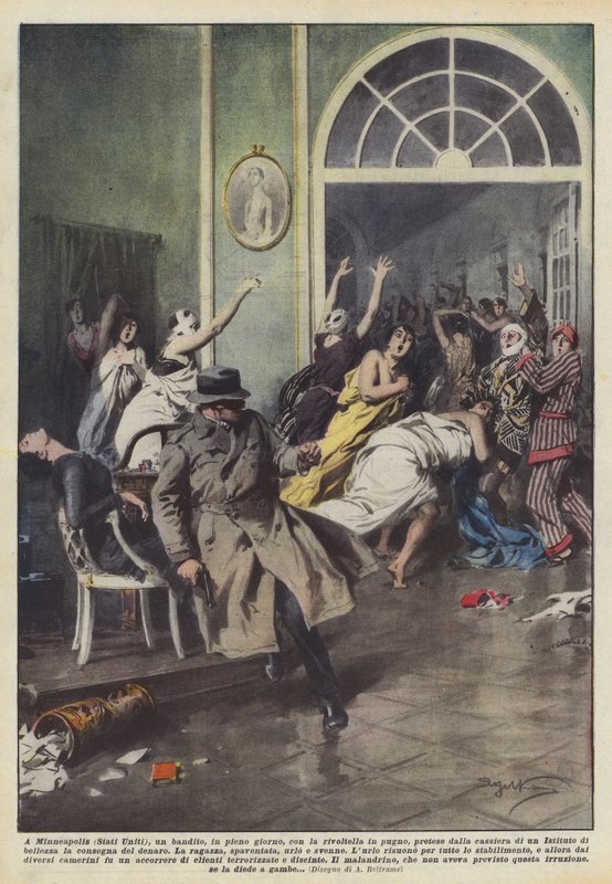 In Minneapolis (Verenigde Staten), een bandiet, midden op de dag, met een revolver in de hand door Achille Beltrame