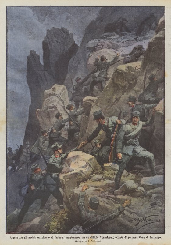 Wedijver met de alpini, een infanterie-eenheid beklimt een moeilijke kloof en bezet door Achille Beltrame