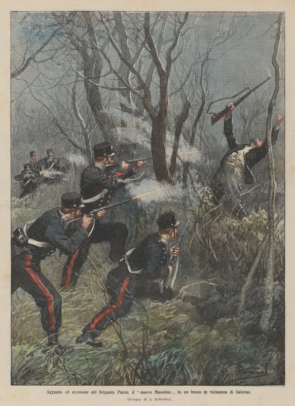 Hinderlaag en moord op de bandiet Parisi, de nieuwe Musolino in een bos nabij Salerno door Achille Beltrame
