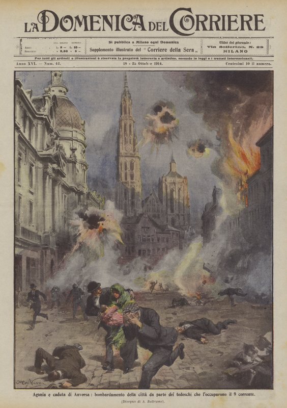 Agonie en val van Antwerpen, bombardement van de stad door de Duitsers die het op 9 oktober bezetten door Achille Beltrame