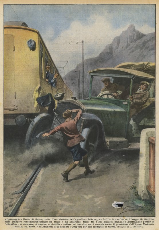 Bij de spoorwegovergang van Sedico, op de elektrische lijn van Agordino (Belluno), een jonge fascist door Achille Beltrame