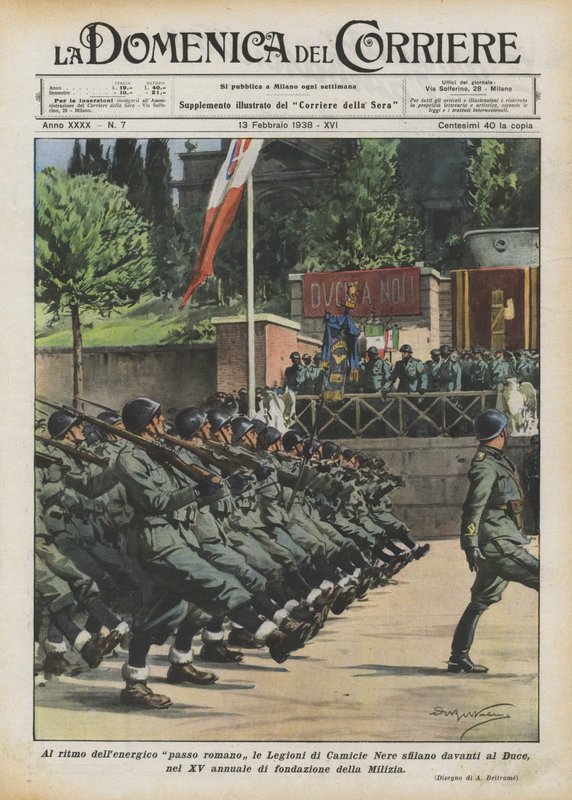 In het ritme van de energieke Romeinse pas marcheren de Legioenen van Zwarte Hemden voor de Duce door Achille Beltrame