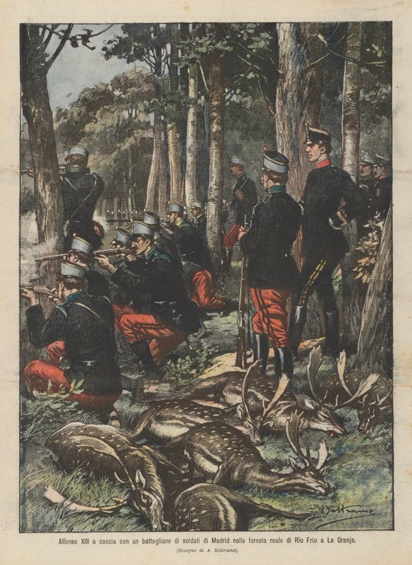 Alfonso XIII op jacht met een bataljon soldaten uit Madrid in het koninklijke bos van Rio Frio in La Granja door Achille Beltrame