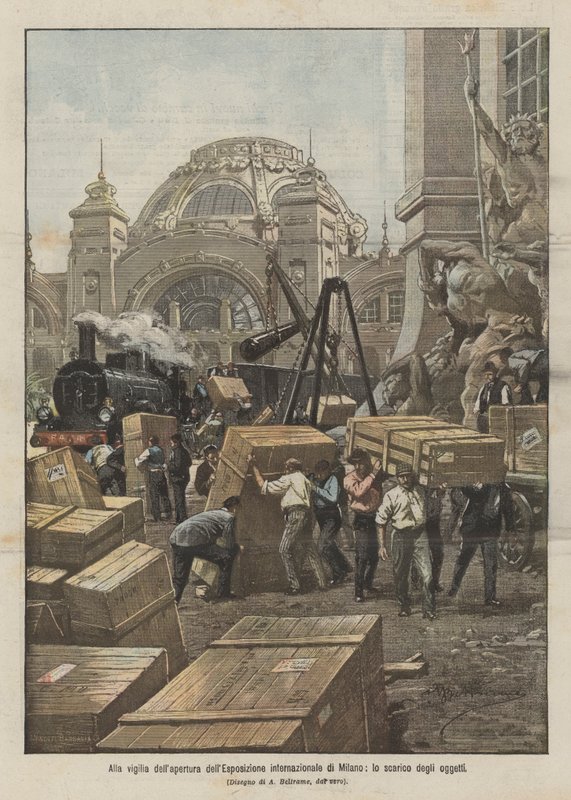 Aan de vooravond van de opening van de internationale tentoonstelling van Milaan, het lossen van de voorwerpen door Achille Beltrame