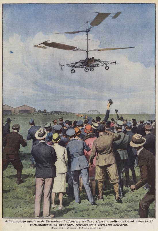Op de militaire luchthaven van Ciampino, slaagt de Italiaanse helikopter erin om op te stijgen en te landen... door Achille Beltrame