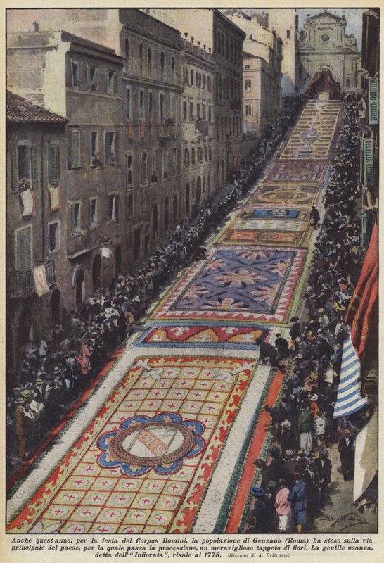 Ook dit jaar heeft de bevolking van Genzano (Rome) voor het feest van Corpus Domini de straten bedekt met bloemen door Achille Beltrame