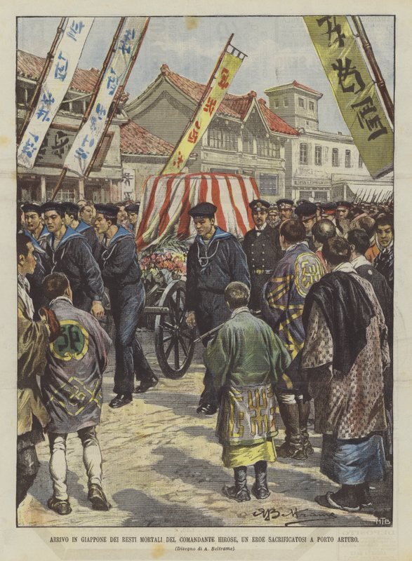 Aankomst in Japan van de stoffelijke resten van commandant Hirose, een held die zichzelf opofferde in Port Arthur door Achille Beltrame