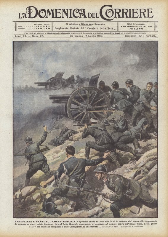 Artilleristen en infanteristen op de Colle Moschin door Achille Beltrame