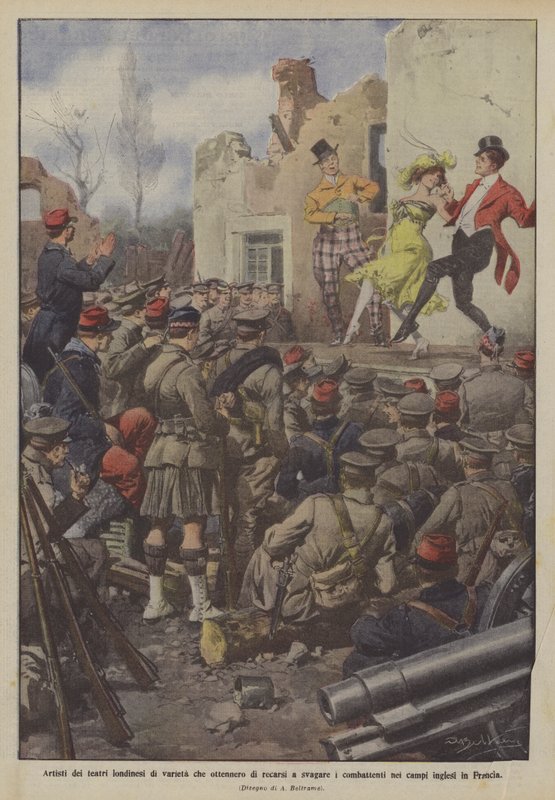 Artiesten van Londense variététheaters die toestemming kregen om soldaten in de velden te vermaken door Achille Beltrame