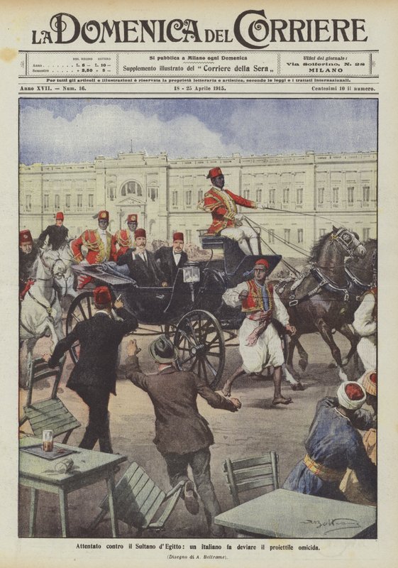 Aanslag op de Sultan van Egypte, een Italiaan wijkt het moordprojectiel af door Achille Beltrame