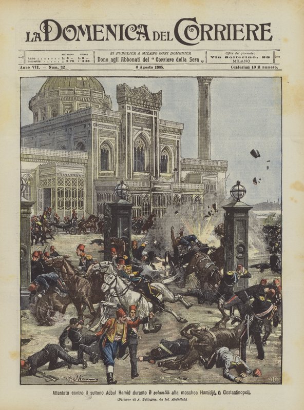 Aanslag op sultan Abdul Hamid tijdens de selamlik bij de Hamidie-moskee in Constantinopel door Achille Beltrame
