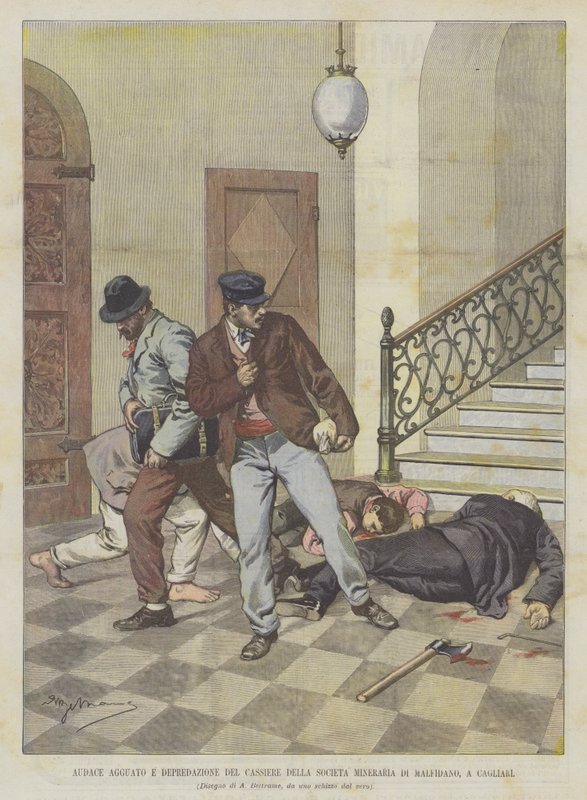 Gedurfde hinderlaag en beroving van de kassier van de mijnbouwmaatschappij van Malfidano, in Cagliari door Achille Beltrame