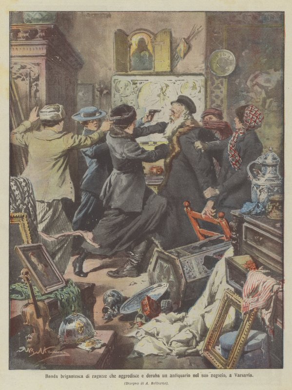 Bende van meisjes die een antiquair in zijn winkel in Warschau overvalt en berooft door Achille Beltrame