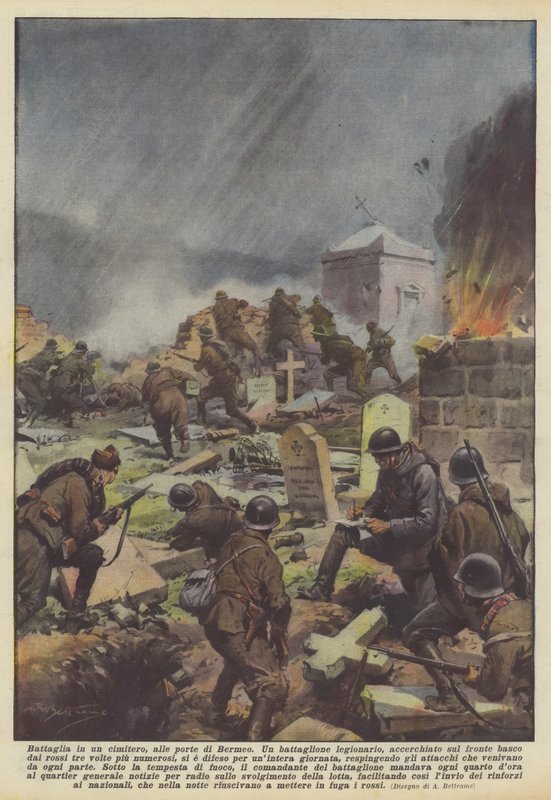Slag op een kerkhof, aan de poorten van Bermeo door Achille Beltrame