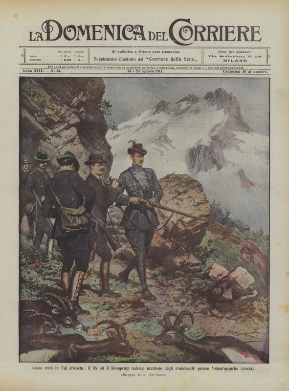 Koninklijke jacht in de Aostavallei, de koning en de Duitse kroonprins doden steenbokken bij Valsavaranche (Aosta) door Achille Beltrame