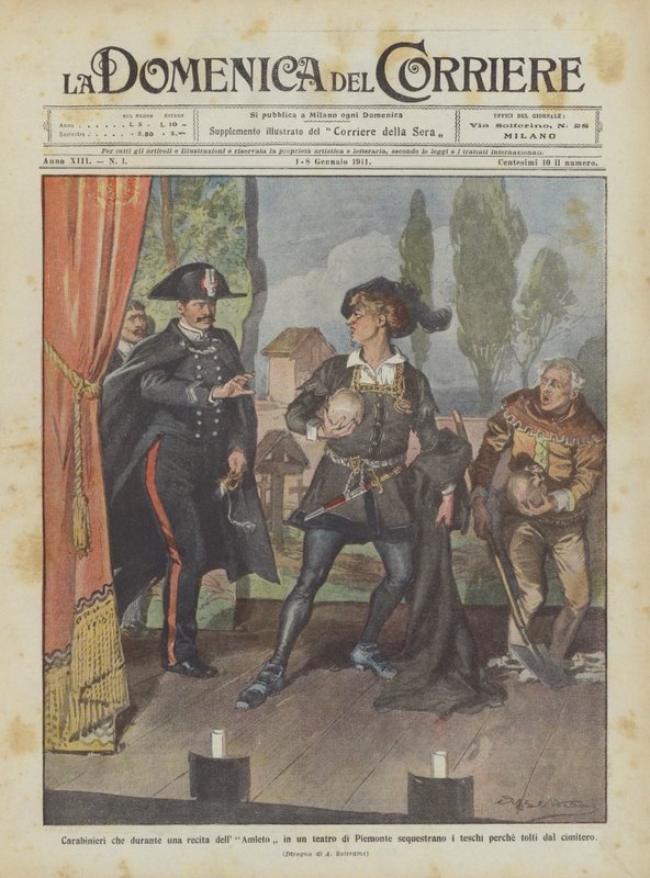 Carabinieri die tijdens een opvoering van Hamlet in een theater in Piemonte de schedels in beslag nemen door Achille Beltrame
