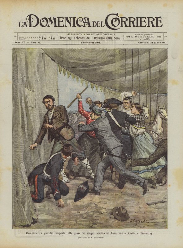 Carabinieri en veldwachters in gevecht met zigeuners in een barak in Mortizza (Piacenza) door Achille Beltrame