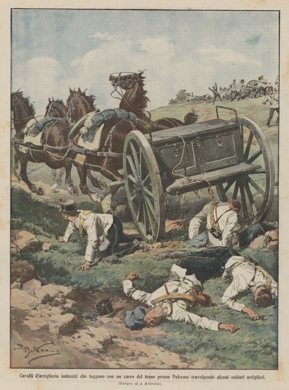 Op hol geslagen artilleriepaarden die wegrennen met een treinwagen bij Palermo, alles verwoestend door Achille Beltrame