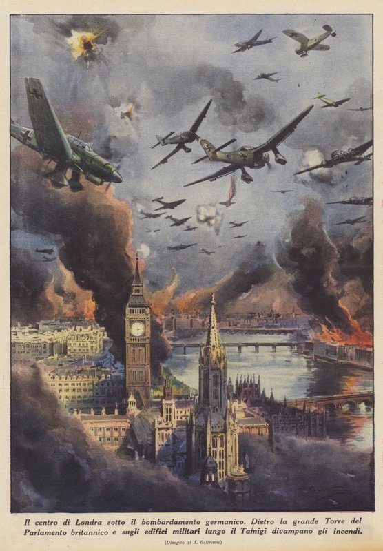 Centraal Londen onder de Germaanse bombardementen (kleur litho) door Achille Beltrame
