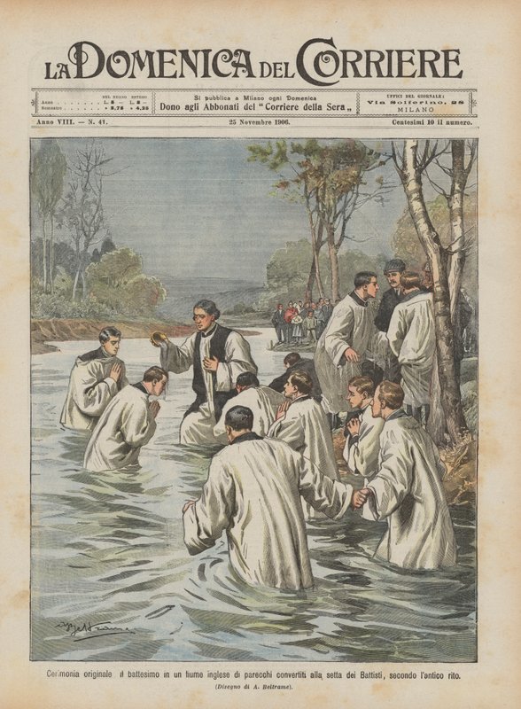 Originele ceremonie, de doop in een Engelse rivier van verschillende bekeerlingen tot de sekte van ? door Achille Beltrame