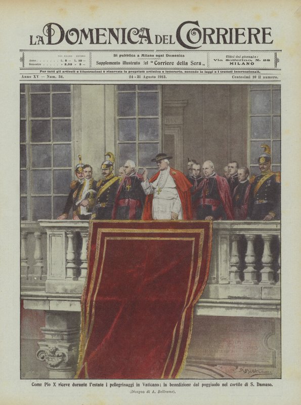 Hoe Pius X tijdens de zomer de pelgrims in het Vaticaan ontvangt, de zegen vanaf het balkon door Achille Beltrame
