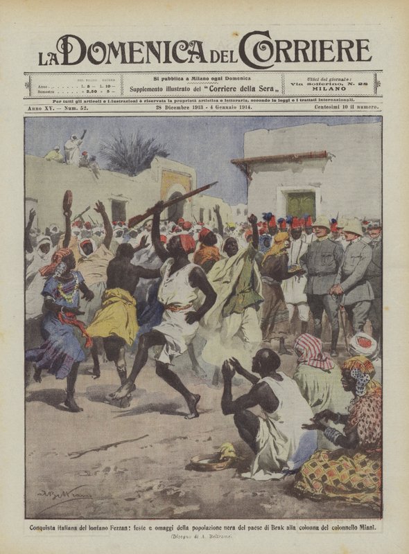 Italiaanse verovering van het verre Fezzan, feesten en eerbetoon van de zwarte bevolking van het dorp Brak door Achille Beltrame
