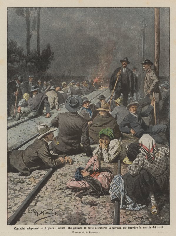 Stakende boeren van Argenta (Ferrara) die de nacht doorbrengen op het spoor door Achille Beltrame