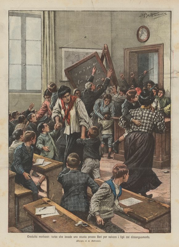 Ziekelijke goedgelovigheid, menigte die een school in de buurt van Bari binnenvalt om hun kinderen te redden van bloedverlies door Achille Beltrame