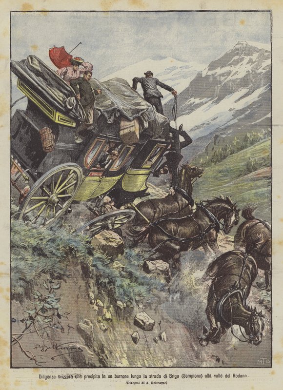 Zwitserse diligence die in een ravijn stort langs de weg van Briga (Sempione) naar de Rhônedalen door Achille Beltrame