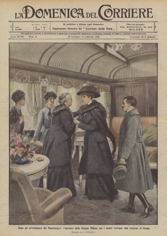 Na de gebeurtenissen in Montenegro, de ontmoeting van koningin Milena met onze vorsten op het station van Rome door Achille Beltrame