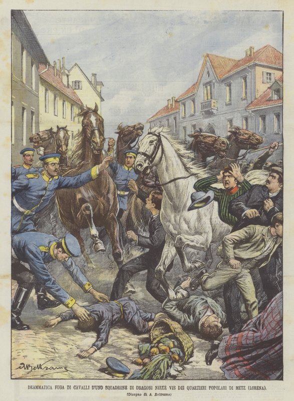 Dramatische vlucht van paarden van een eskadron dragonders door de volkswijken van Metz (Lotharingen) door Achille Beltrame