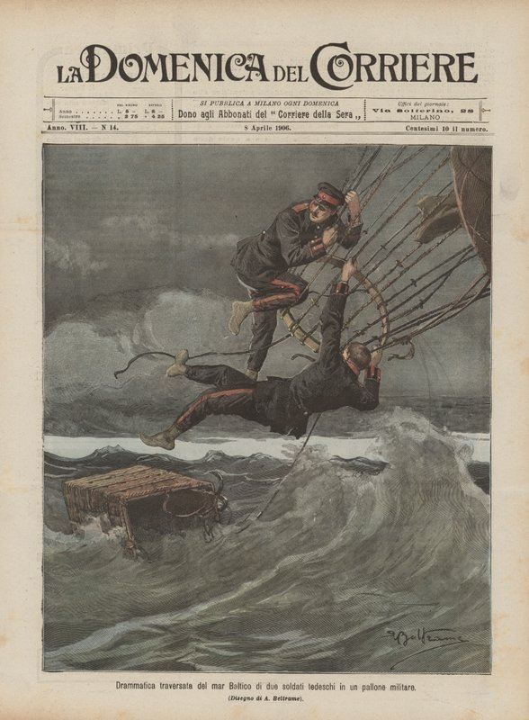 Dramatische oversteek van de Oostzee door twee Duitse soldaten in een militaire ballon door Achille Beltrame