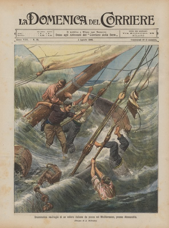 Dramatische schipbreuk van een Italiaanse vissersschoener in de Middellandse Zee, nabij Alexandrië door Achille Beltrame