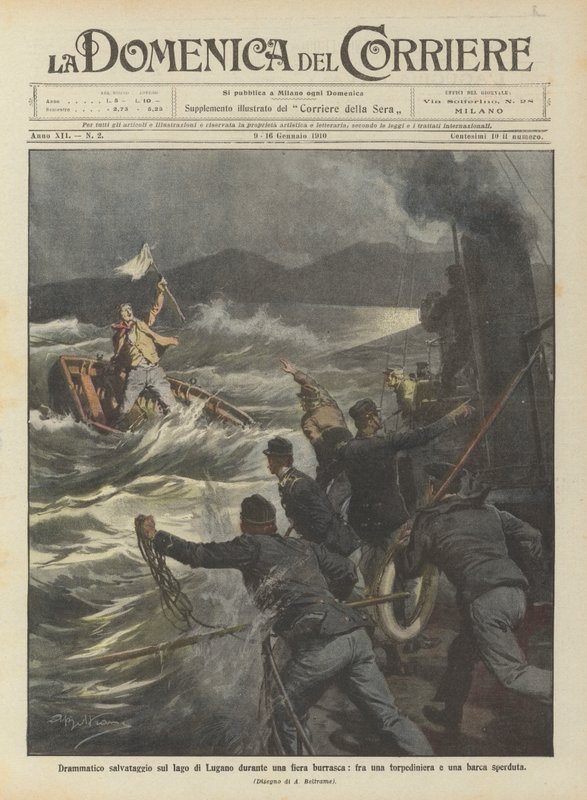 Dramatische redding op het Meer van Lugano tijdens een zware storm, tussen een torpedoboot en een verdwaalde boot door Achille Beltrame