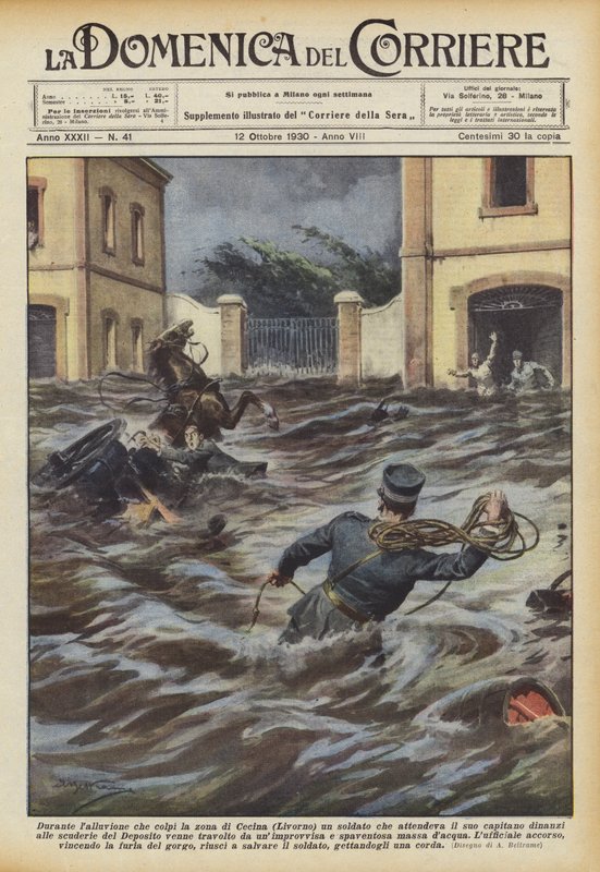 Tijdens de overstroming die het gebied van Cecina (Livorno) trof, een soldaat die op zijn kapitein wachtte... door Achille Beltrame